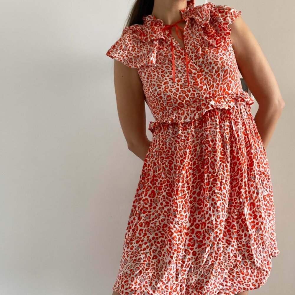 Maje | Orange red "Rutti" leopard animal print ruffle collar mini dress | Size M